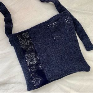 Felted Wool Crossbody Upcycled Bag with Sashiko Embroidery
